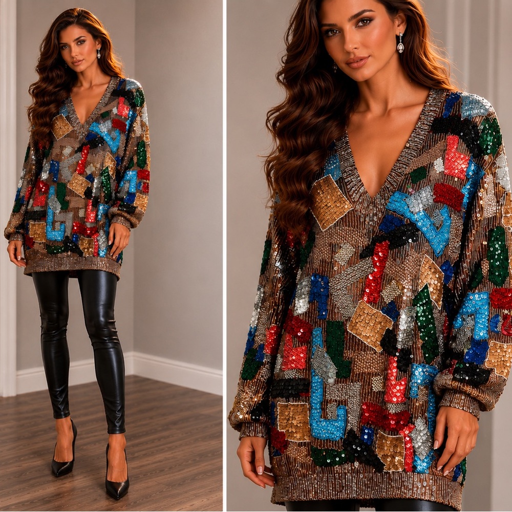 NOS Unworn/New Vintage Sequin Multi Colored Silk Blouse Tunic Top